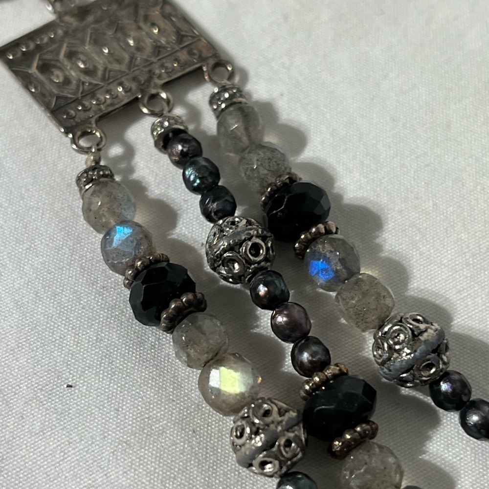 Bracelet Moon Stone Pearl Black Quartz Sterling Silver Beaded Multistrand